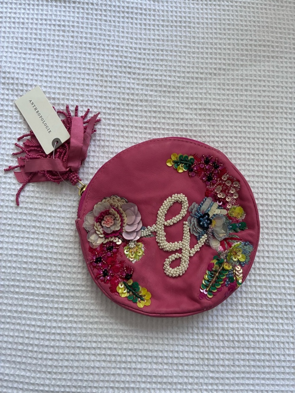 Anthropologie Pink Embellished Round Wristlet Clutch